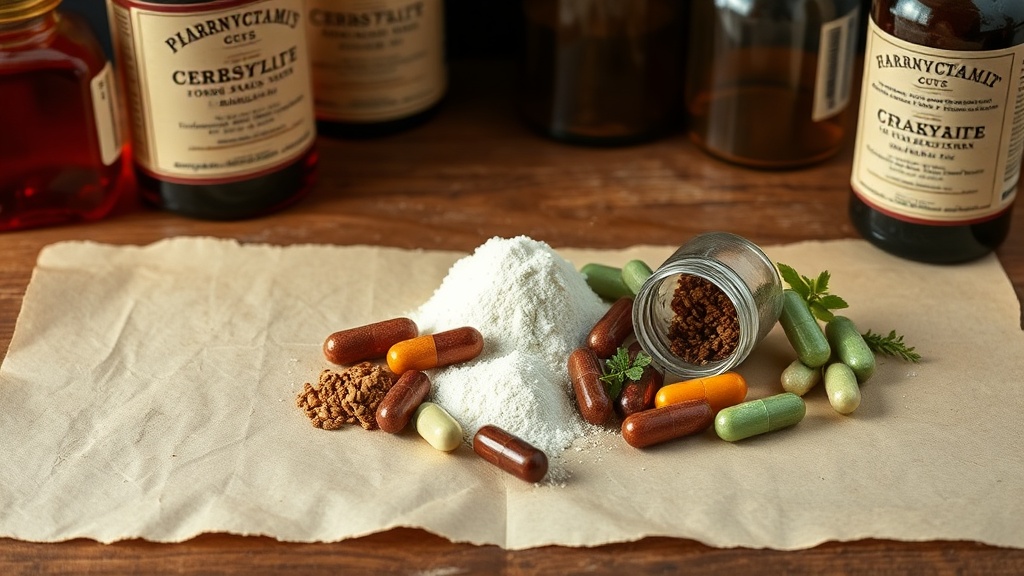 Comparison of multivitamin forms: standardised extract, powder, tincture and whole herb capsules on a wooden table