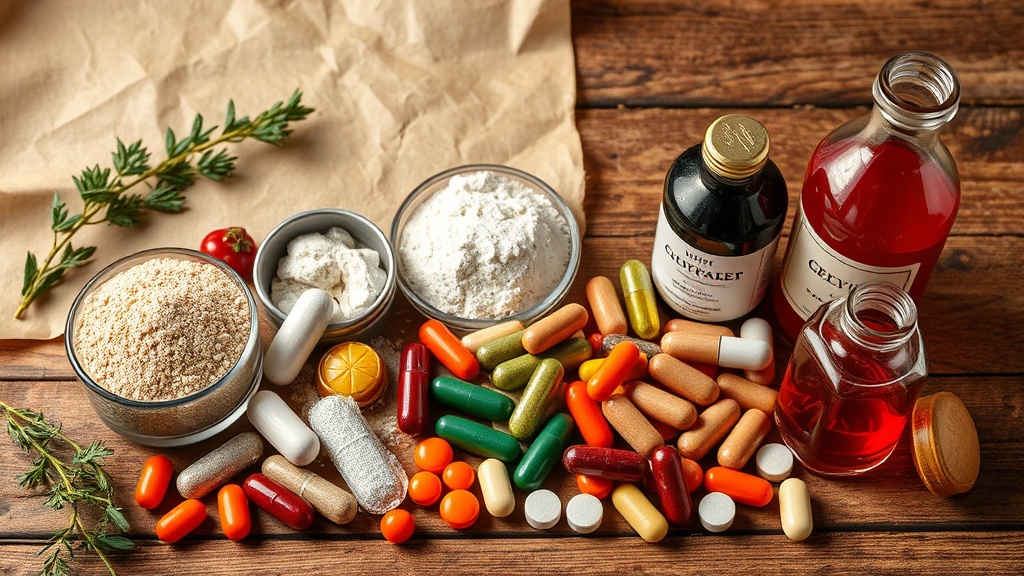 A collection of multivitamin supplements in powder, capsule, and liquid forms on a wooden table
