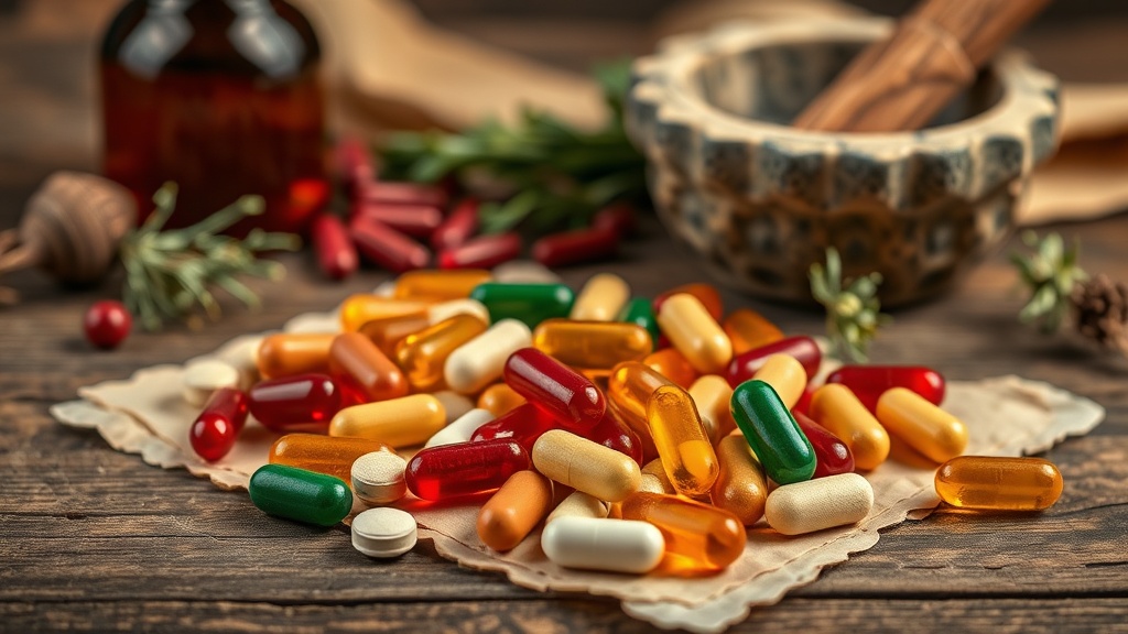 A collection of multivitamin tablets and capsules on a wooden surface, with a mortar and pestle in the background.