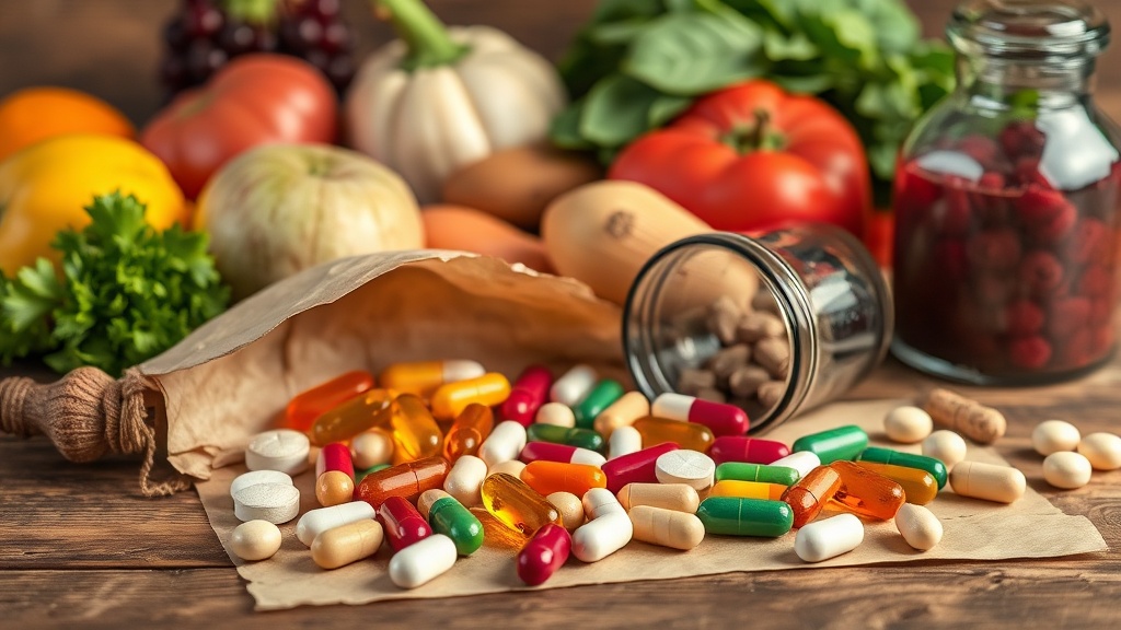 Assorted multivitamin tablets and capsules on a wooden surface with fresh fruits and vegetables in the background.
